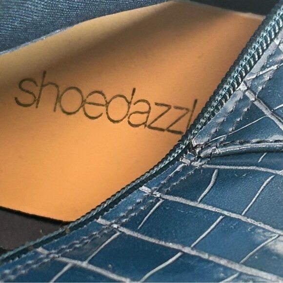 Shoe Dazzle Blue Night Is Young Asymmetrical Stiletto croc embossed Boot Sz 10 - Picture 9 of 11